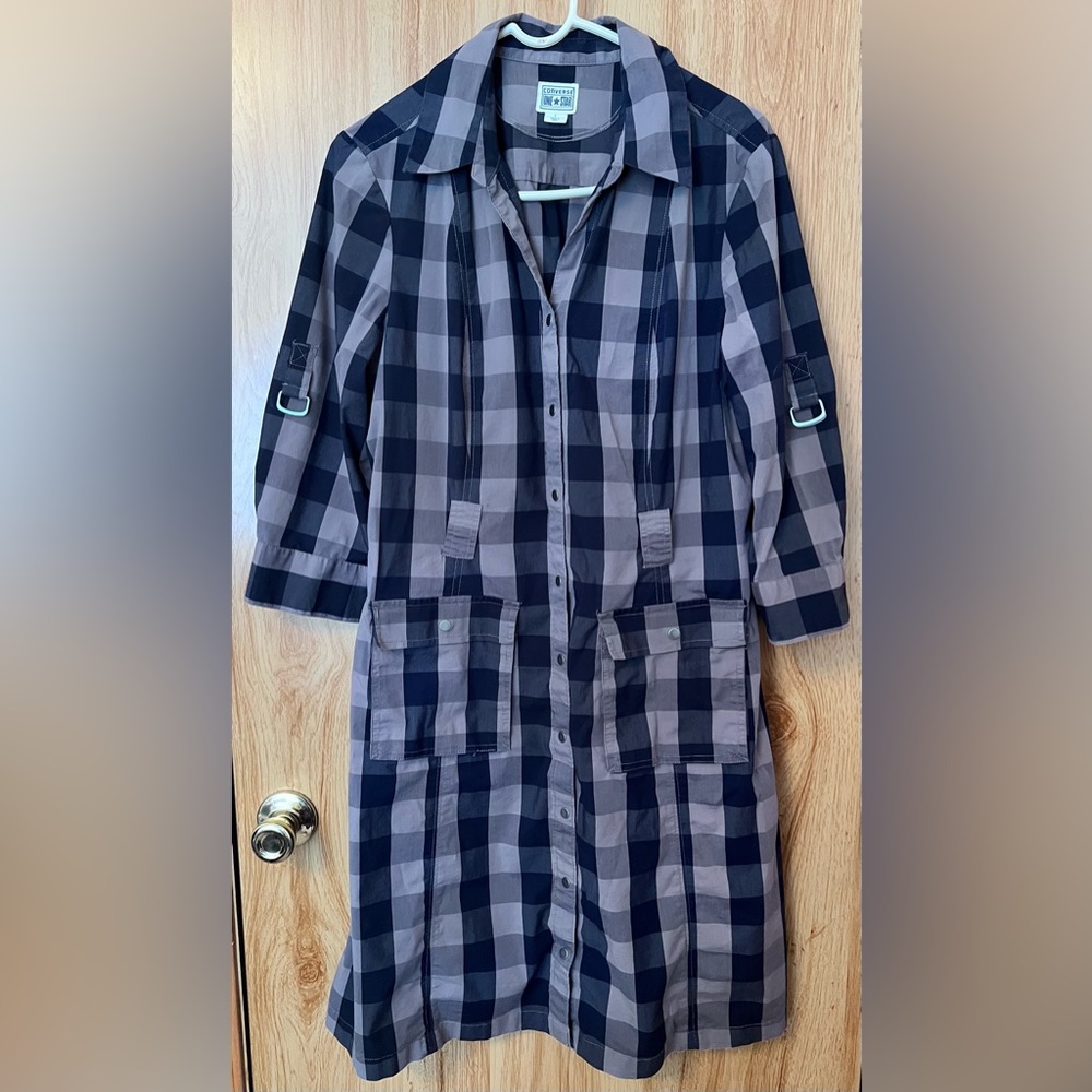 Converse One Star Black and Grey Gingham Plaid Shirt Dress